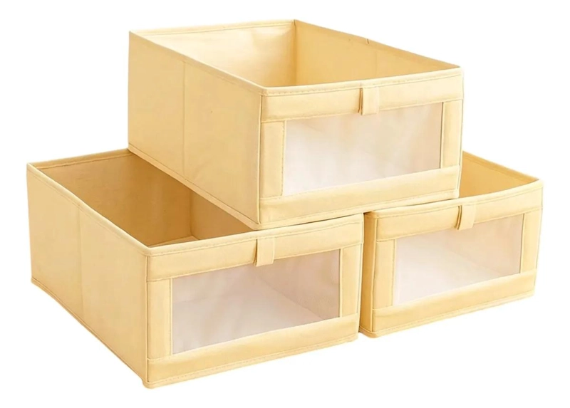 SET DE 3 CAJAS ORGANIZADORAS DE TELA COLOR CRUDO CON VENTANA - 1