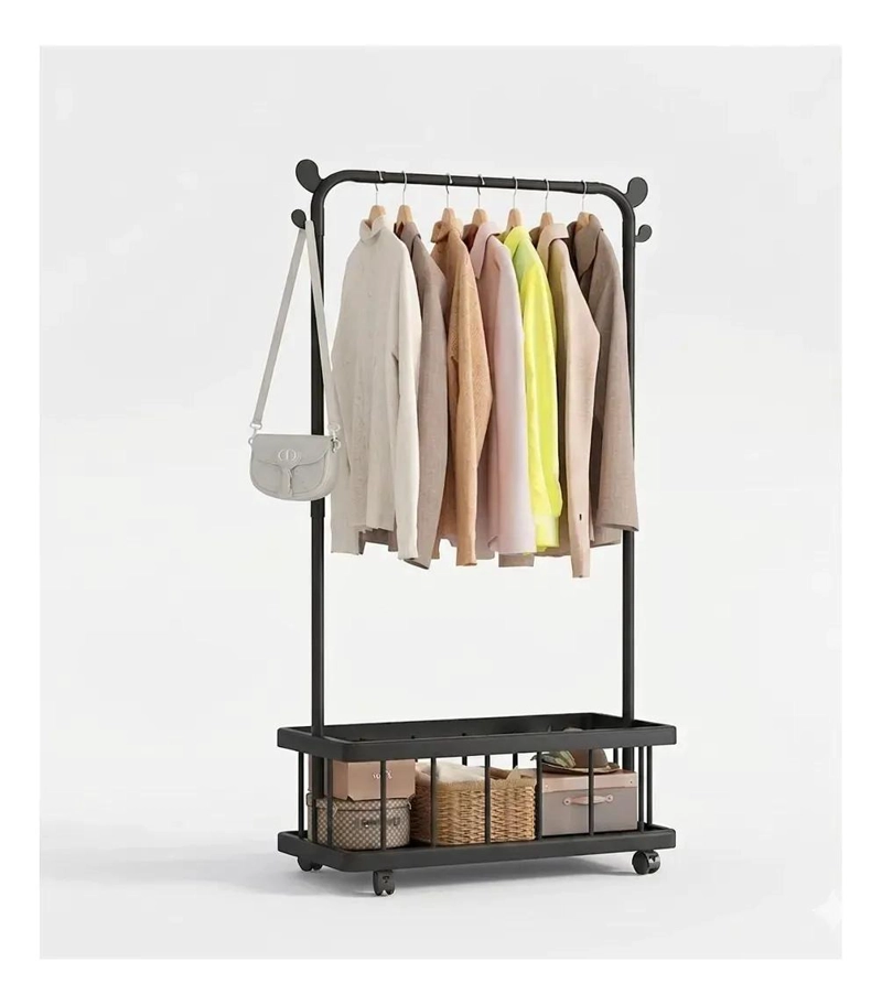 PERCHERO METALICO CON RUEDAS Y REPISA ORGANIZADORA PARA ROPA - 1