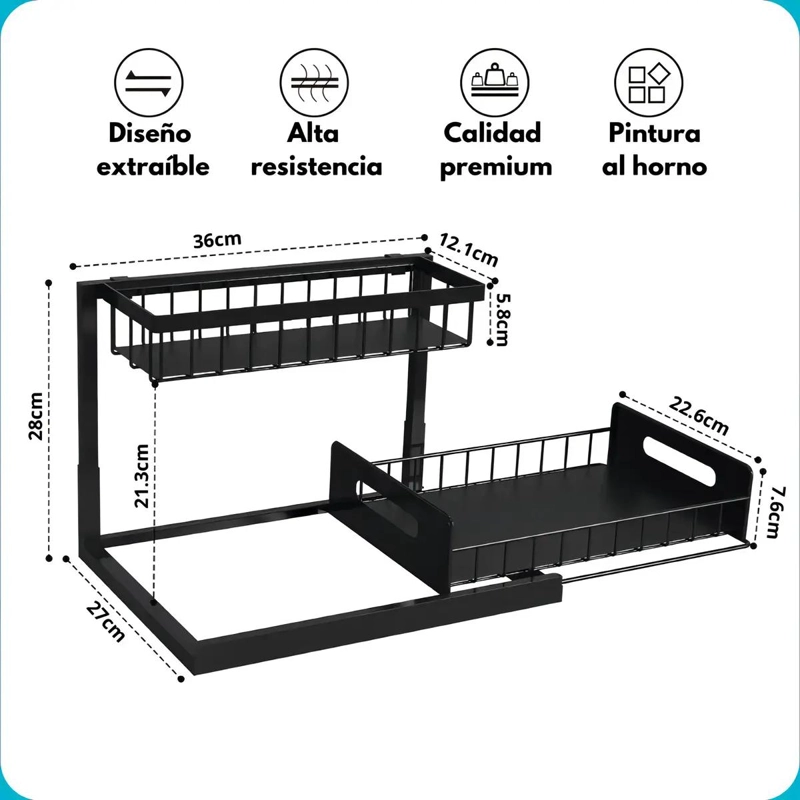 ORGANIZADOR DESLIZANTE DE ACERO PARA BAJO FREGADERO CON 2 NIVELES - 3
