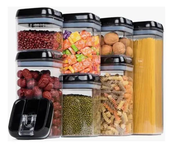 SET DE 7 RECIPIENTES HERME TICOS APILABLES COLOR NEGRO PARA ALMACENAMIENTO - 1