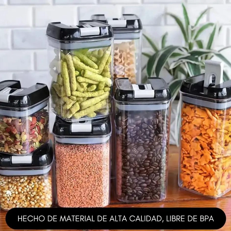 SET DE 7 RECIPIENTES HERME TICOS APILABLES COLOR NEGRO PARA ALMACENAMIENTO - 2