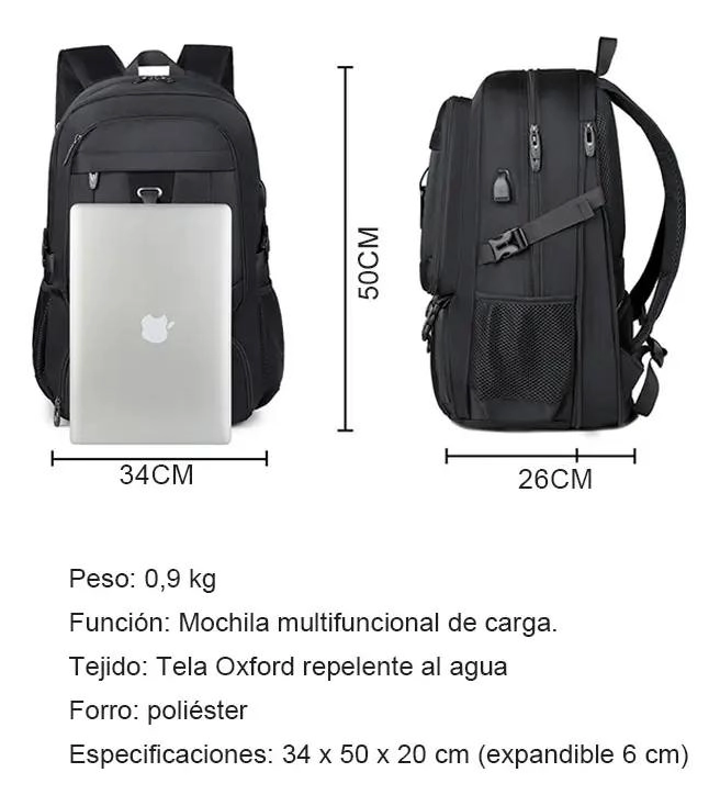 MOCHILA DE VIAJE GRANDE NEGRA PARA LAPTOP DE 15 PULGADAS CON PUERTO USB - 3