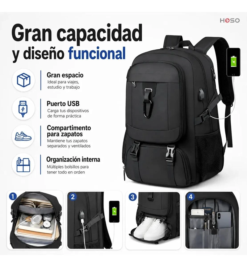 MOCHILA DE VIAJE GRANDE NEGRA PARA LAPTOP DE 15 PULGADAS CON PUERTO USB - 5