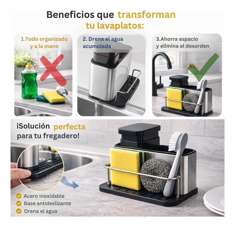 DISPENSADOR DE JABON PARA LAVALOZA CON PORTA ESPONJA Y ESCURRIDOR - 2