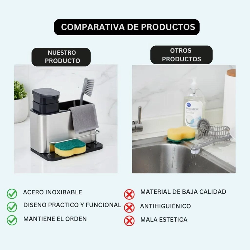 DISPENSADOR DE JABON PARA LAVALOZA CON PORTA ESPONJA Y ESCURRIDOR - 3