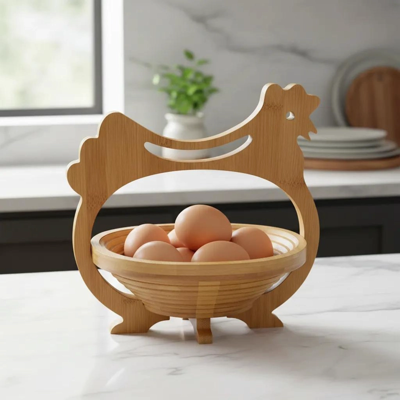 ORGANIZADOR DE HUEVOS DE BAMBU CON DISEÑO DECORATIVO DE GALLINA - 1