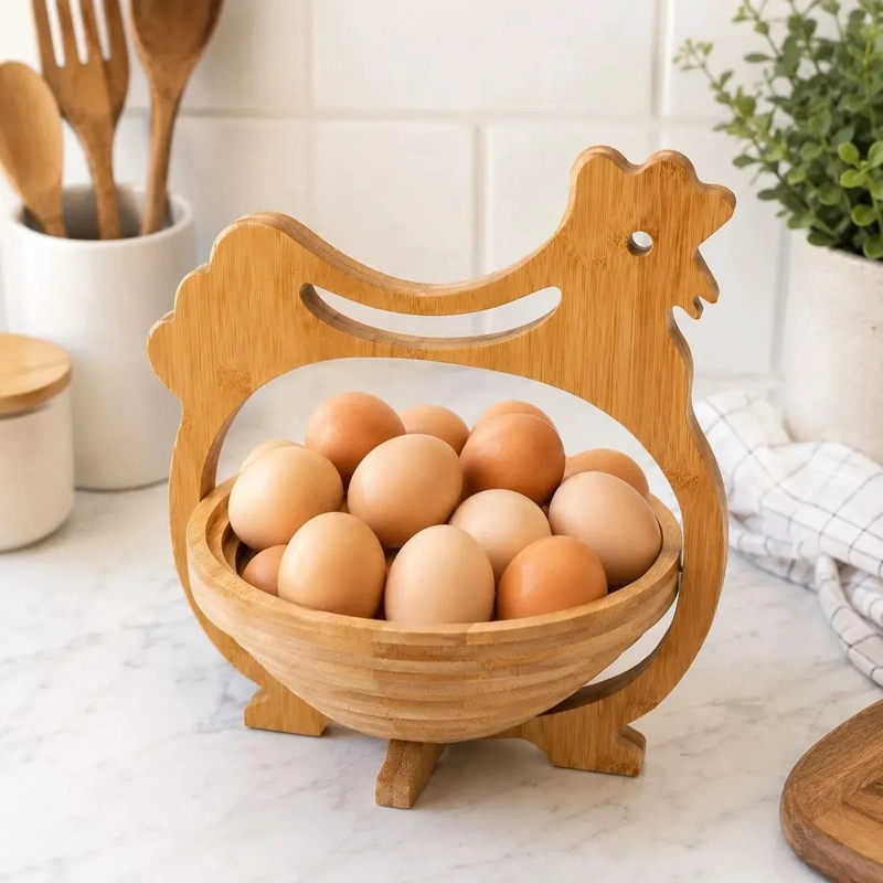 ORGANIZADOR DE HUEVOS DE BAMBU CON DISEÑO DECORATIVO DE GALLINA - 4