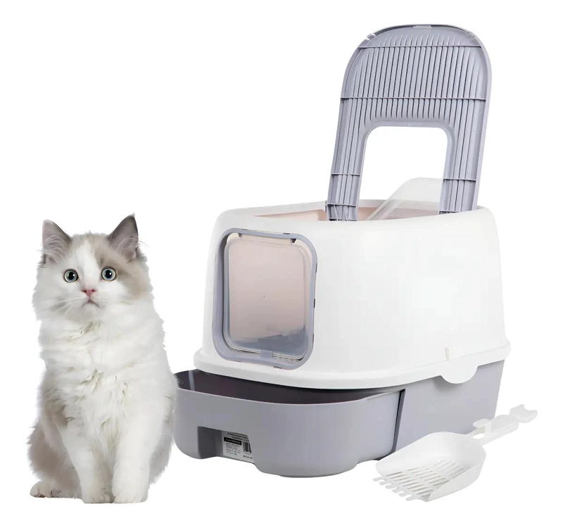 ARENERO CERRADO GRANDE PARA GATOS COLOR GRIS CON DOBLE ENTRADA - 1