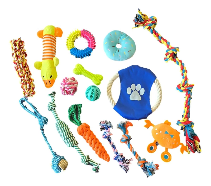 SET COMPLETO DE 15 JUGUETES PARA PERROS CON DISCO, PELOTA Y CUERDA - 1