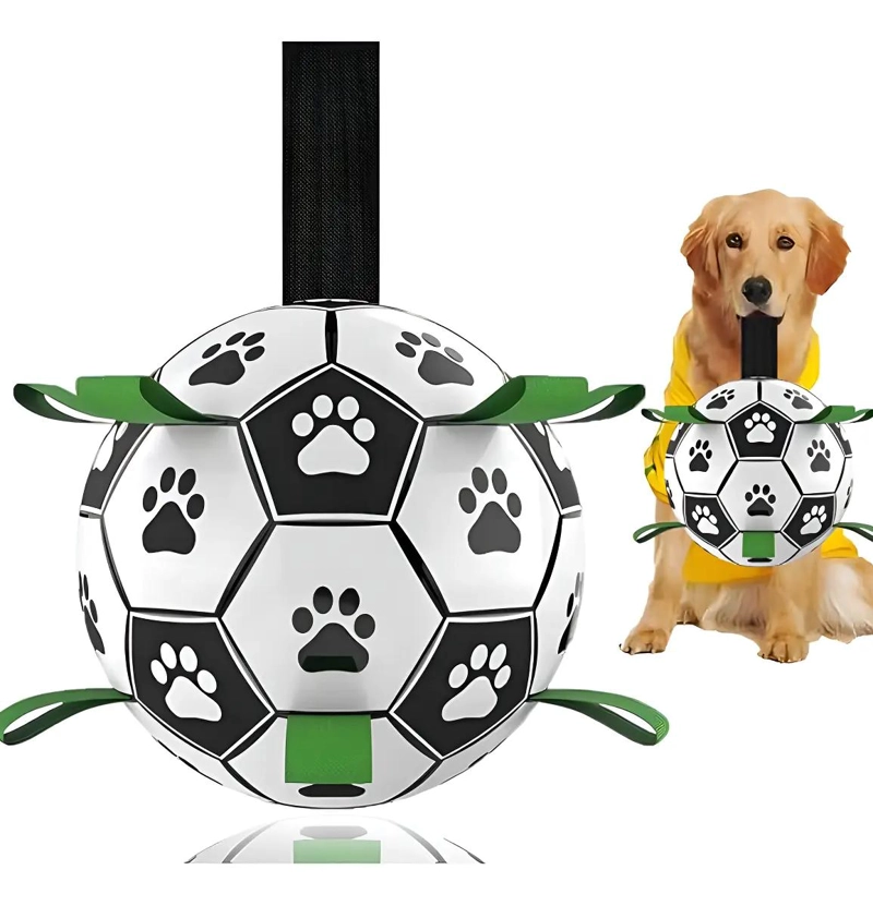 PELOTA DE FUTBOL PARA PERRO CON CORREAS COLOR MORADO PARA JUEGO Y ENTRENAMIENTO - 1