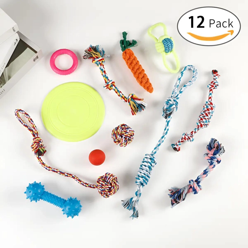 SET DE 12 JUGUETES PARA PERRO CON DISCO, PELOTA, CUERDA Y MAS - 1