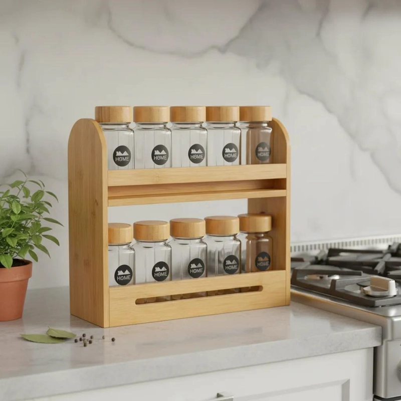 ESPECIERO DE BAMBU CON 10 FRASCOS DE VIDRIO PARA COCINA - 1
