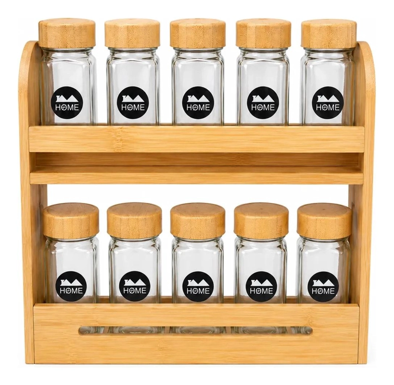ESPECIERO DE BAMBU CON 10 FRASCOS DE VIDRIO PARA COCINA - 2