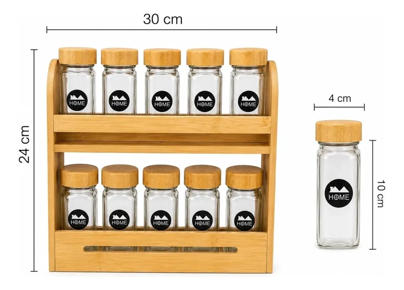 ESPECIERO DE BAMBU CON 10 FRASCOS DE VIDRIO PARA COCINA - 3