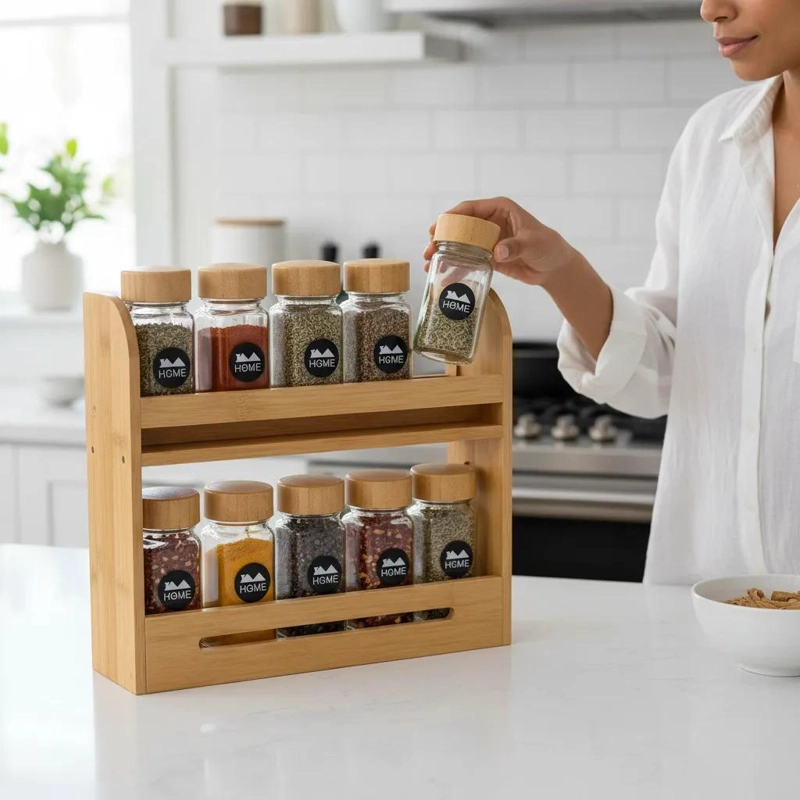 ESPECIERO DE BAMBU CON 10 FRASCOS DE VIDRIO PARA COCINA - 4