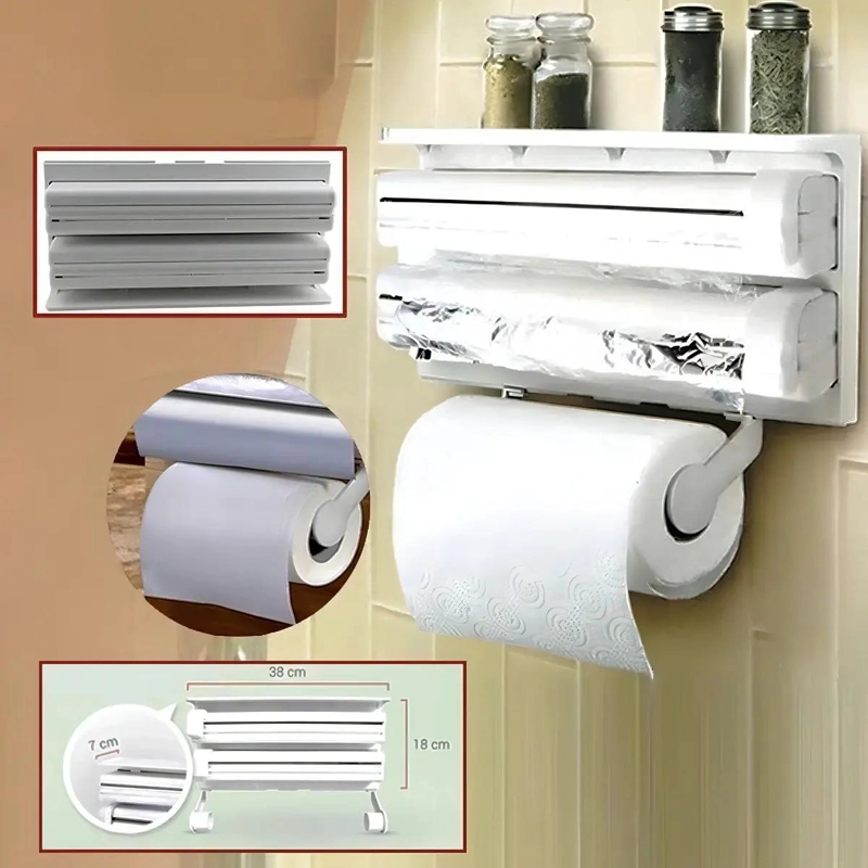 DISPENSADOR TRIPLE PARA ROLLO DE TOALLA DE COCINA CON SOPORTE PARA FILM - 1