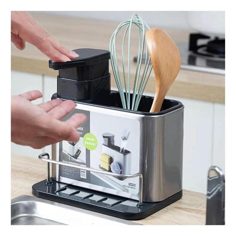 DISPENSADOR DE JABON PARA LAVALOZAS CON PORTA ESPONJA Y ORGANIZADOR PARA COCINA - 4