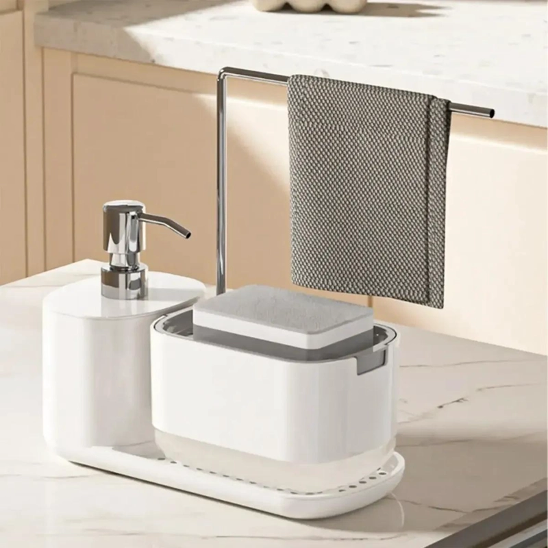 SET DISPENSADOR DE JABON PARA MANOS CON BANDEJA ORGANIZADORA PARA BAÑO - 4