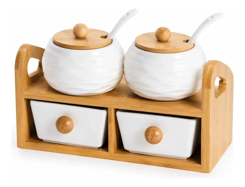 ORGANIZADOR DE CONDIMENTOS CERAMICO CON BASE DE BAMBU PARA COCINA - 1