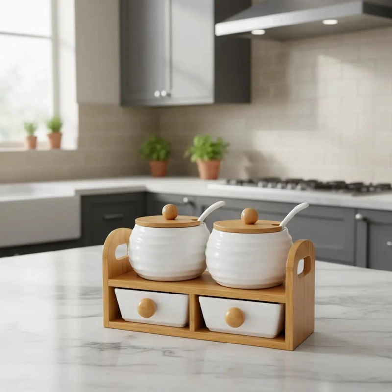 ORGANIZADOR DE CONDIMENTOS CERAMICO CON BASE DE BAMBU PARA COCINA - 2