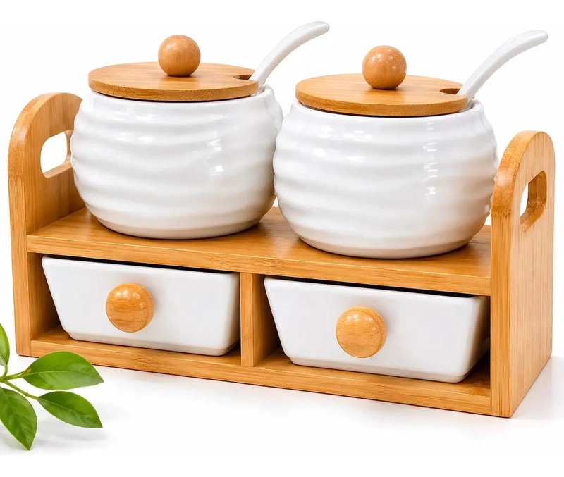 ORGANIZADOR DE CONDIMENTOS CERAMICO CON BASE DE BAMBU PARA COCINA - 3