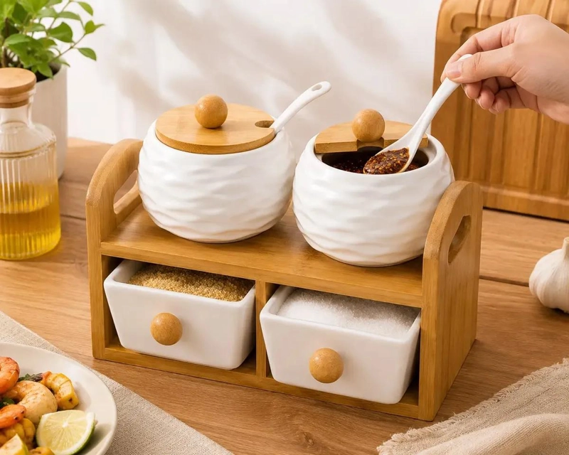 ORGANIZADOR DE CONDIMENTOS CERAMICO CON BASE DE BAMBU PARA COCINA - 4