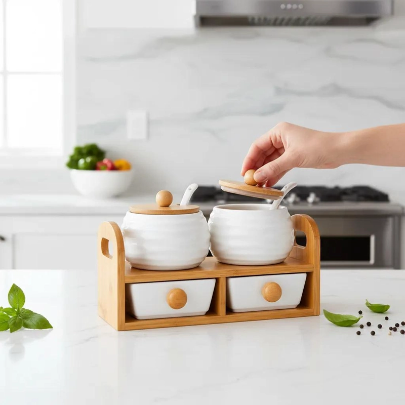 ORGANIZADOR DE CONDIMENTOS CERAMICO CON BASE DE BAMBU PARA COCINA - 5