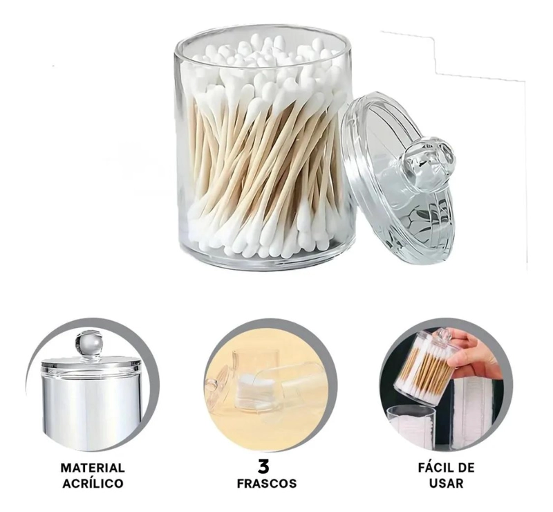 SET DE 3 ORGANIZADORES ACRILICOS CON TAPA PARA ALGODON Y COTONETES - 2