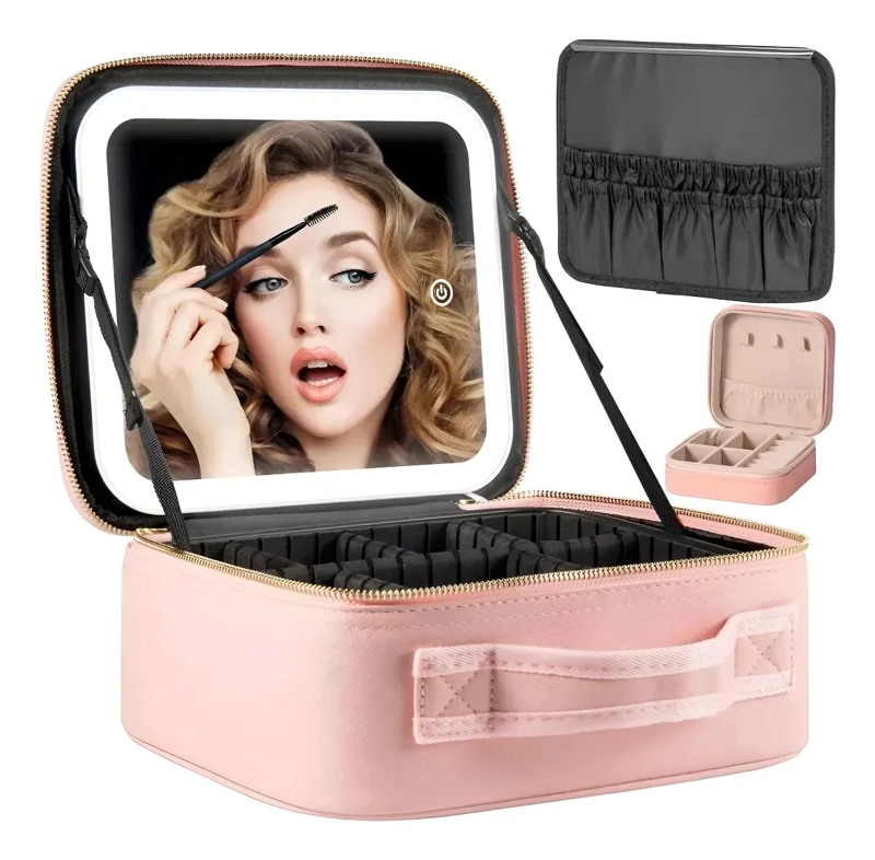 BOLSO PARA MAQUILLAJE CON ESPEJO Y LUZ LED, TAMAÑO 26X23X13 CM - 1