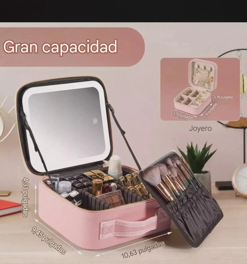 BOLSO PARA MAQUILLAJE CON ESPEJO Y LUZ LED, TAMAÑO 26X23X13 CM - 3