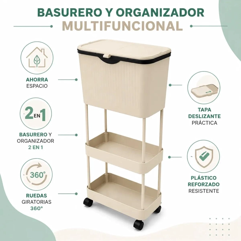 CARRO ORGANIZADOR PARA COCINA CON BASURERO Y TAPA DE 3 NIVELES CON RUEDAS - 2