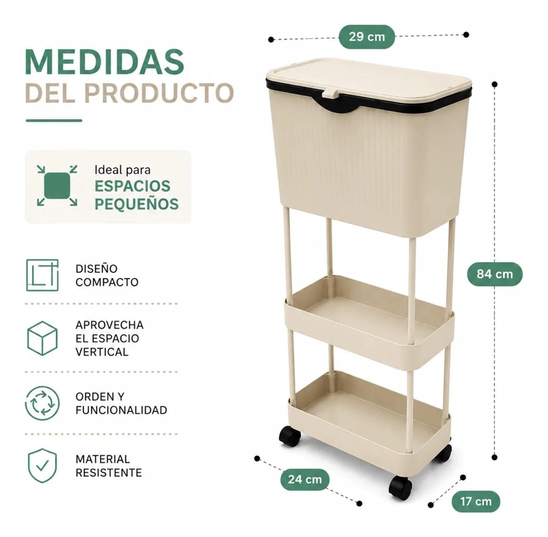 CARRO ORGANIZADOR PARA COCINA CON BASURERO Y TAPA DE 3 NIVELES CON RUEDAS - 3