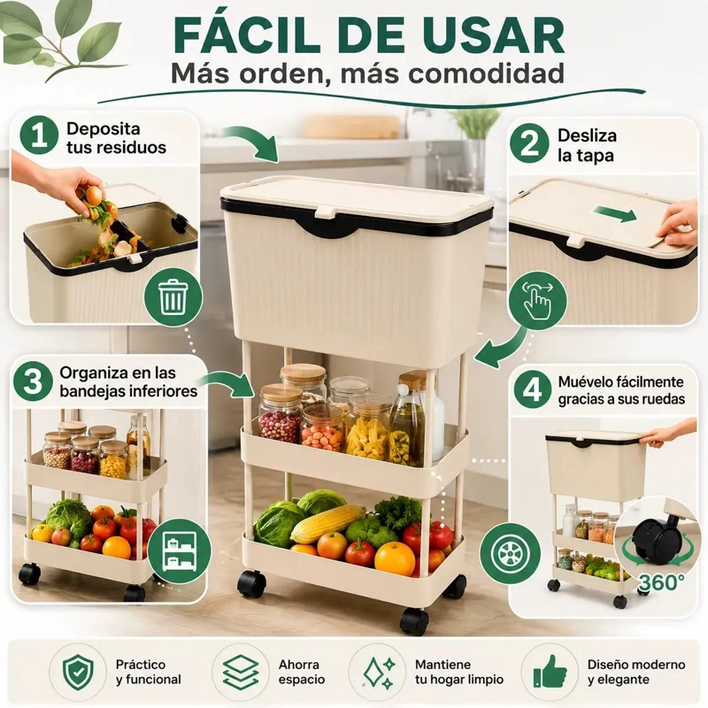 CARRO ORGANIZADOR PARA COCINA CON BASURERO Y TAPA DE 3 NIVELES CON RUEDAS - 4