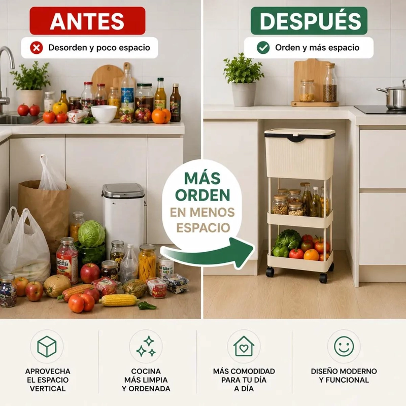 CARRO ORGANIZADOR PARA COCINA CON BASURERO Y TAPA DE 3 NIVELES CON RUEDAS - 5