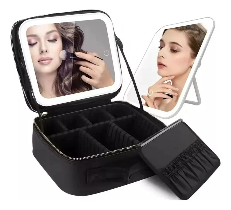 ESTUCHE ORGANIZADOR PARA MAQUILLAJE CON ESPEJO ILUMINADO LED Y COMPARTIMENTOS - 1