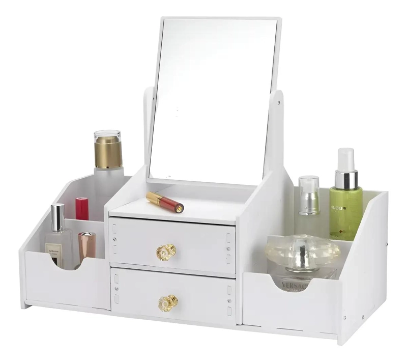 ORGANIZADOR PARA MAQUILLAJE CON ESPEJO DISEÑO RECTANGULAR COLOR BLANCO - 1