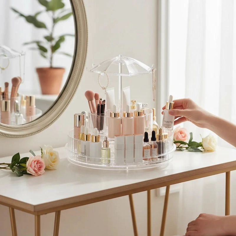 ORGANIZADOR GIRATORIO PARA MAQUILLAJE CON 8 COMPARTIMENTOS TRANSPARENTES - 2