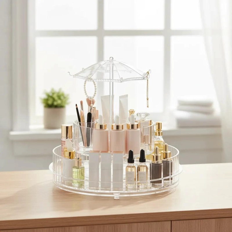 ORGANIZADOR GIRATORIO PARA MAQUILLAJE CON 8 COMPARTIMENTOS TRANSPARENTES - 3
