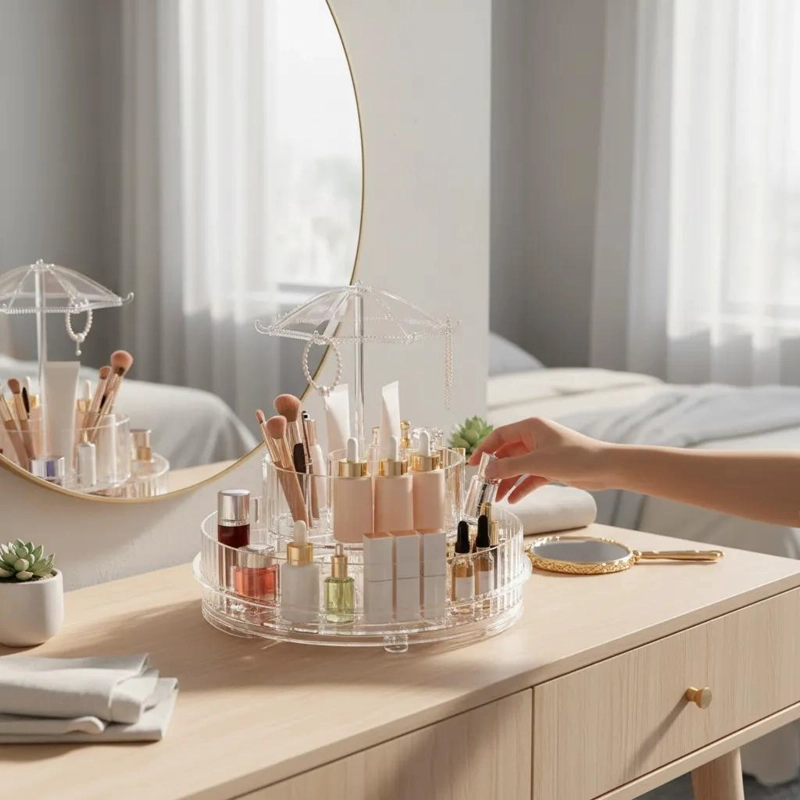 ORGANIZADOR GIRATORIO PARA MAQUILLAJE CON 8 COMPARTIMENTOS TRANSPARENTES - 4