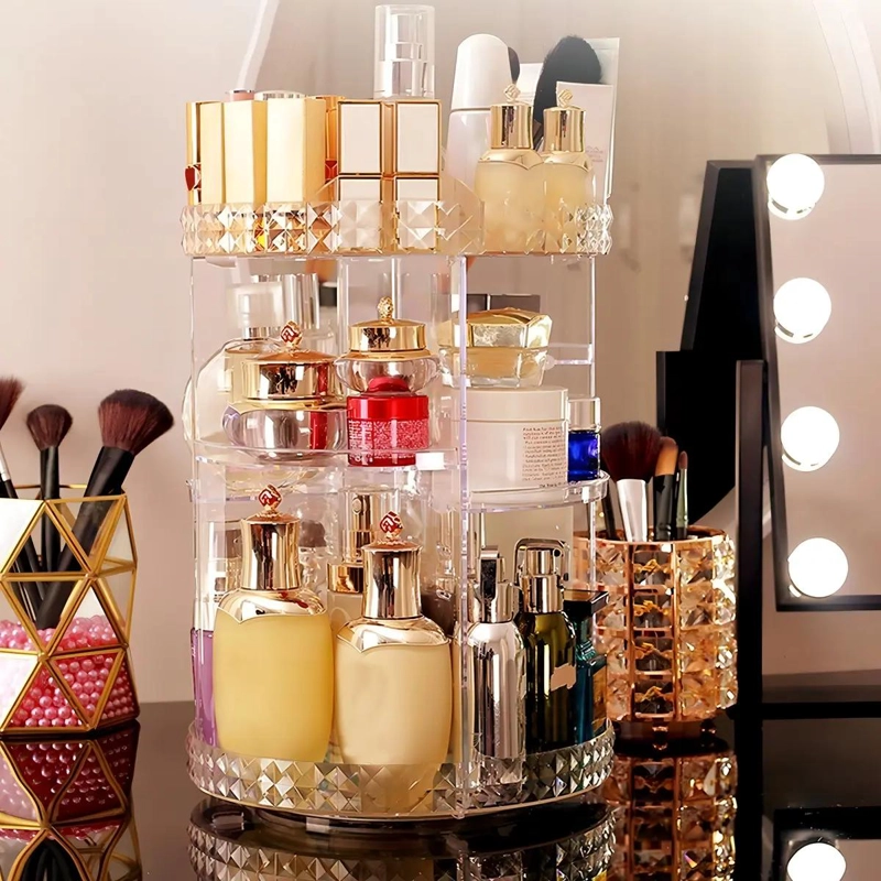 ORGANIZADOR GIRATORIO PARA MAQUILLAJE CON COMPARTIMENTOS ACRILICOS 360 GRADOS - 4