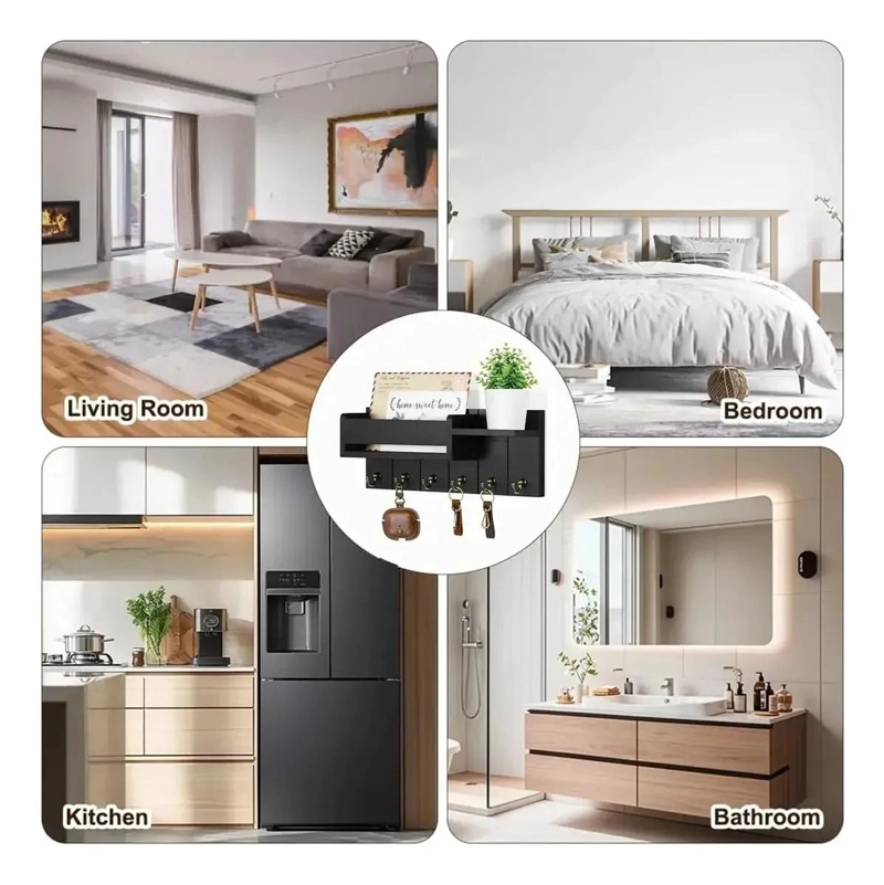 ORGANIZADOR DE PARED MODERNO CON REPISA Y 6 GANCHOS PARA LLAVES - 1