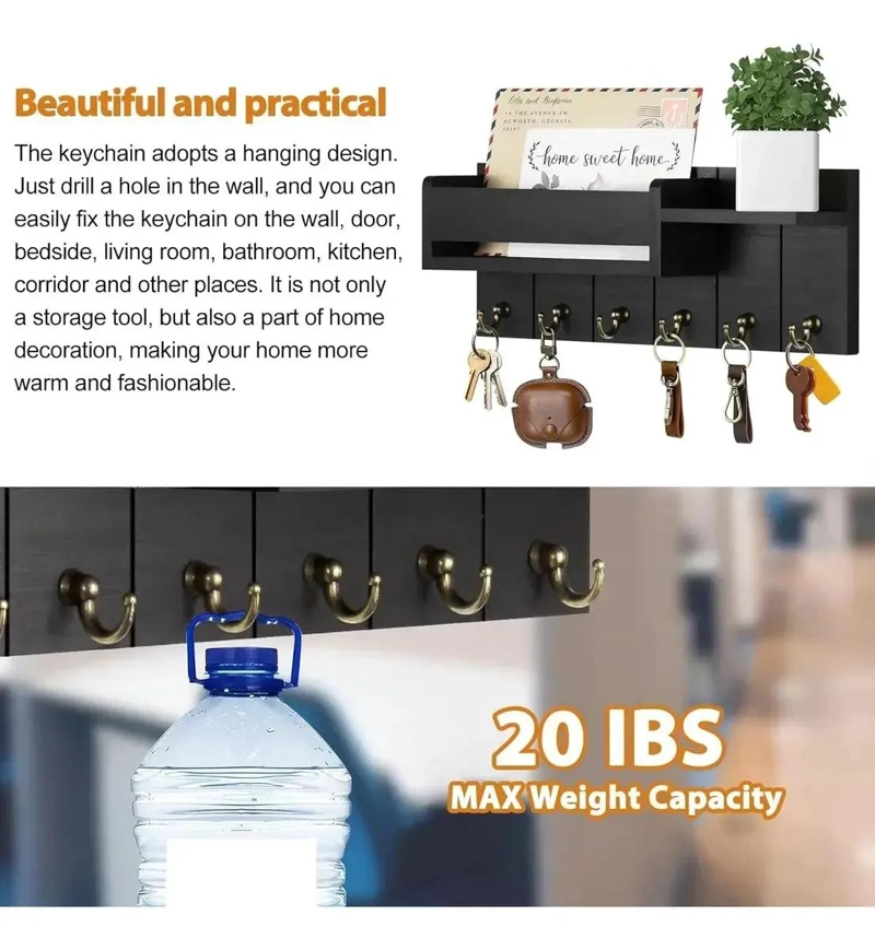 ORGANIZADOR DE PARED MODERNO CON REPISA Y 6 GANCHOS PARA LLAVES - 2
