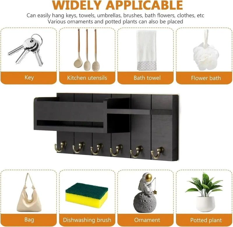 ORGANIZADOR DE PARED MODERNO CON REPISA Y 6 GANCHOS PARA LLAVES - 3