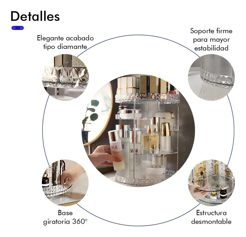 ORGANIZADOR ACRILICO GIRATORIO PARA MAQUILLAJE CON MULTIPLES COMPARTIMENTOS - 3