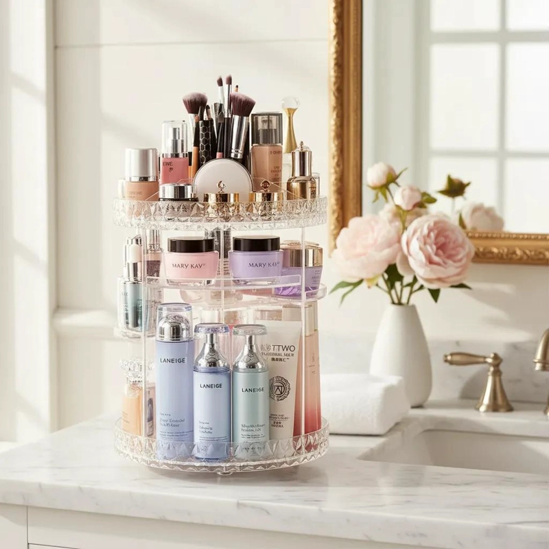 ORGANIZADOR ACRILICO GIRATORIO PARA MAQUILLAJE CON MULTIPLES COMPARTIMENTOS - 4