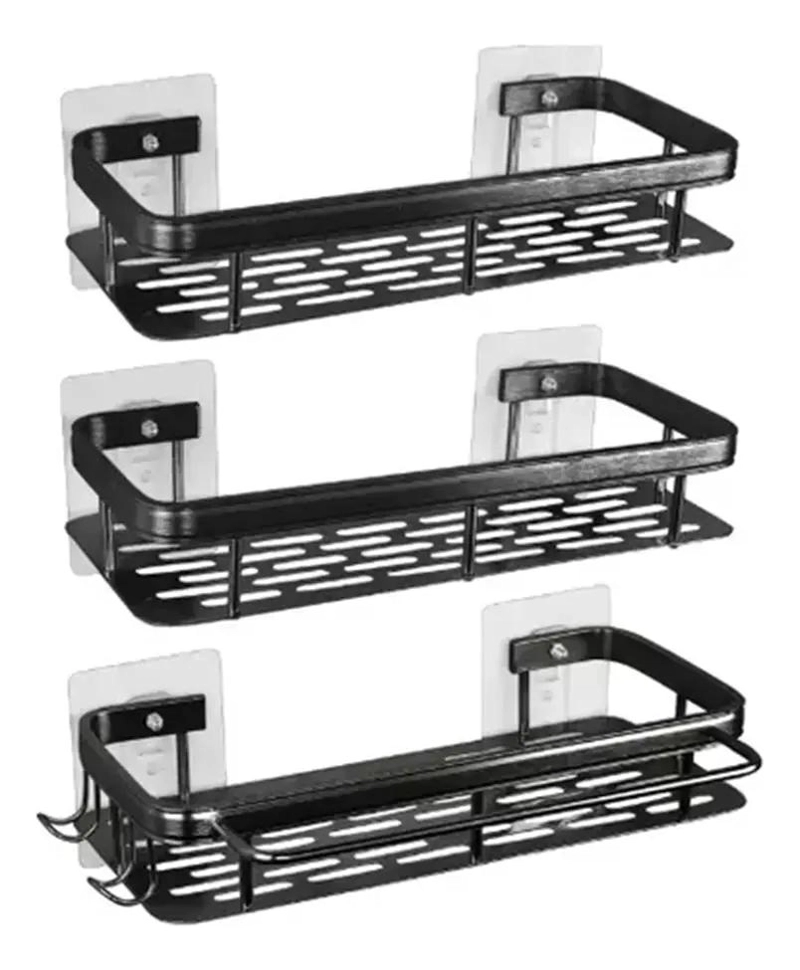SET DE 3 ORGANIZADORES ADHESIVOS PARA DUCHA Y BAÑO COLOR NEGRO - 1