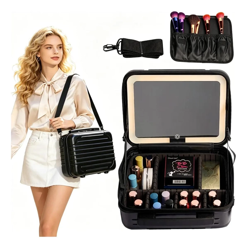 ORGANIZADOR DE MAQUILLAJE CON ESPEJO LED REGULABLE Y COMPARTIMENTOS - 1