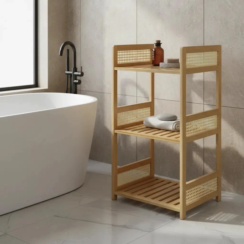 ESTANTE DE BAMBU DE 3 NIVELES CON DETALLES DE MIMBRE PARA BAÑO - 1