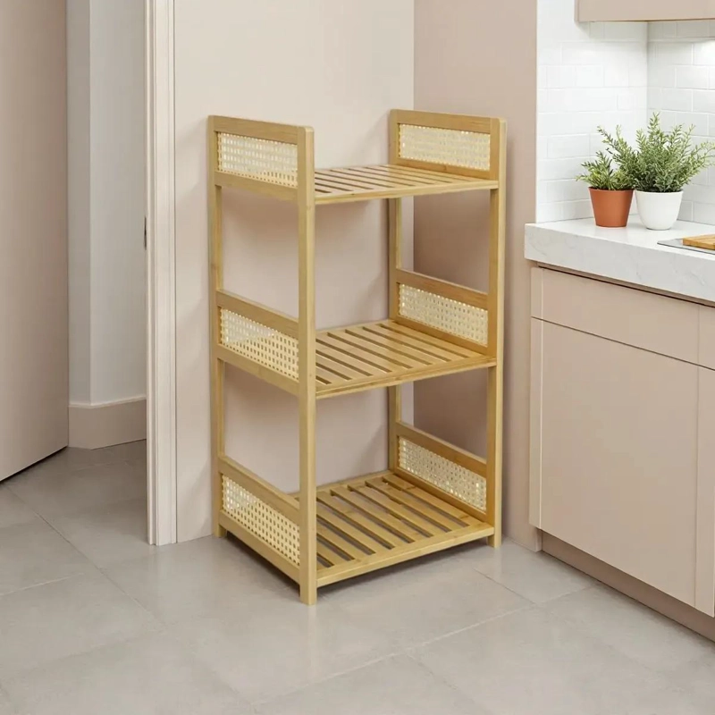 ESTANTE DE BAMBU DE 3 NIVELES CON DETALLES DE MIMBRE PARA BAÑO - 2