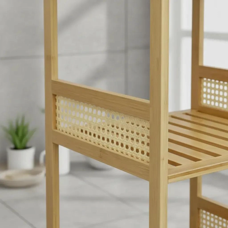 ESTANTE DE BAMBU DE 3 NIVELES CON DETALLES DE MIMBRE PARA BAÑO - 3